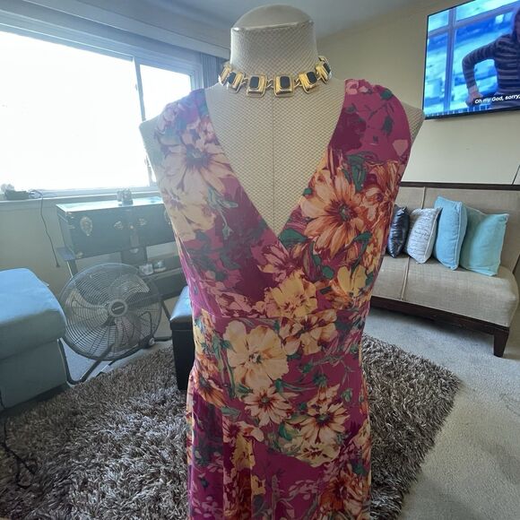 Covington Womans Babydoll Maxi Dress Pink Multi Floral Sleeveless Sheer Fairy 14 - Picture 1 of 16